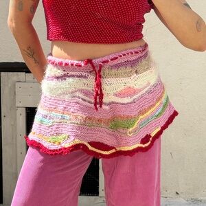 Handmade Knit Skirt with Red and Pink Accents